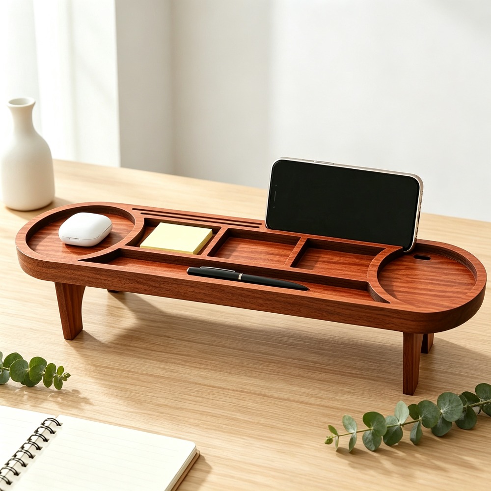 Office Tech Accessories - Wooden Desk Organizer with Phone Stand